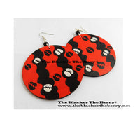 African Earrings Hand Painted Earrings Orange Black Cowrie Shell Wooden