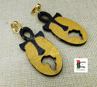 Ankh Clip On Earrings African Wooden Handmade Hand Painted Gold Black Afrocentric Non Pierced Jewelry