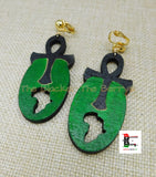 Ankh Clip On Earrings African Wooden Handmade Hand Painted Green Black Afrocentric Non Pierced Jewelry