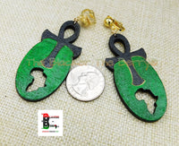 Ankh Clip On Earrings African Wooden Handmade Hand Painted Green Black Afrocentric Non Pierced Jewelry