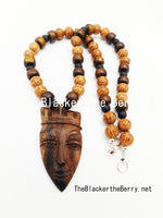 African Men Necklace Face Pendant Ebony Handmade Beaded Wooden Black Jewelry