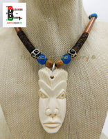 African Mask Necklace Beaded Jewelry Blue Wooden Carved OOAK Black Owned