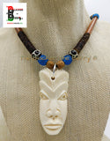 African Mask Necklace Beaded Jewelry Blue Wooden Carved OOAK Black Owned