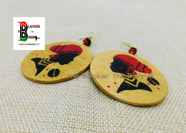 African Women Earrings Hand Painted Jewelry Red Black Gold Handmade Wooden Jewelry