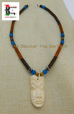 African Mask Necklace Beaded Jewelry Blue Wooden Carved OOAK Black Owned