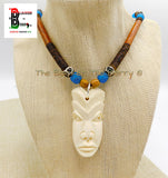 African Mask Necklace Beaded Jewelry Blue Wooden Carved OOAK Black Owned