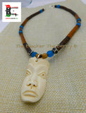 African Mask Necklace Beaded Jewelry Blue Wooden Carved OOAK Black Owned