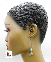African Earrings Duafe Stainless Steel Jewelry Blue Turquoise Adinkra