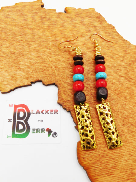 Ethnic Earrings Long Red Turquoise Gold Tone Women Jewelry