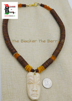 African Mask Necklace Afrocentric Ethnic Beaded Handmade Orange Brown OOAK
