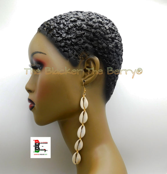 African Cowrie Shell Large Earrings Extra Long Afrocentric Women Jewelry Gold Plated Wire