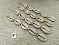 African Cowrie Shell Large Earrings Extra Long Afrocentric Women Jewelry Gold Plated Wire