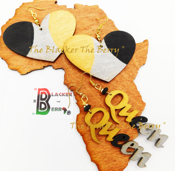 Ethnic Jewelry Queen Earrings Hand Painted Wooden Black Gold Silver