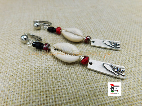 Silver Bird Clip On Earrings Cowrie Beaded Long Handmade Women Non Pierced