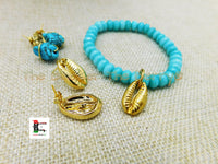 Gold Cowrie Shell Earrings Bracelet Green Blue Turquoise Post Women Jewelry Set