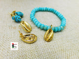 Gold Cowrie Shell Earrings Bracelet Green Blue Turquoise Post Women Jewelry Set