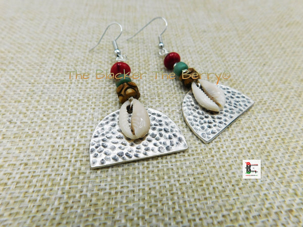 Women Cowrie Earrings Silver Red Beaded Jewelry Black Owned