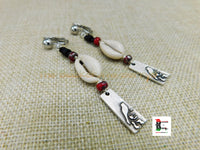 Silver Bird Clip On Earrings Cowrie Beaded Long Handmade Women Non Pierced