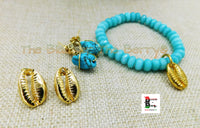 Gold Cowrie Shell Earrings Bracelet Green Blue Turquoise Post Women Jewelry Set