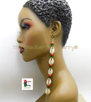 African Cowrie Shell Large Earrings Extra Long Afrocentric Women Red Black Green RBG Jewelry