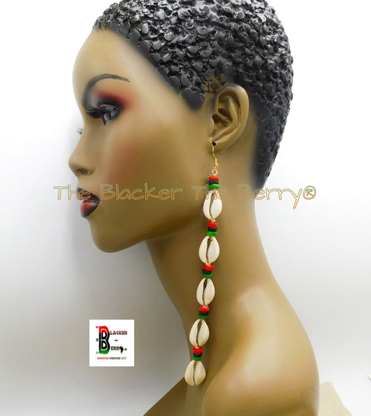 African Cowrie Shell Large Earrings Extra Long Afrocentric Women Red Black Green RBG Jewelry