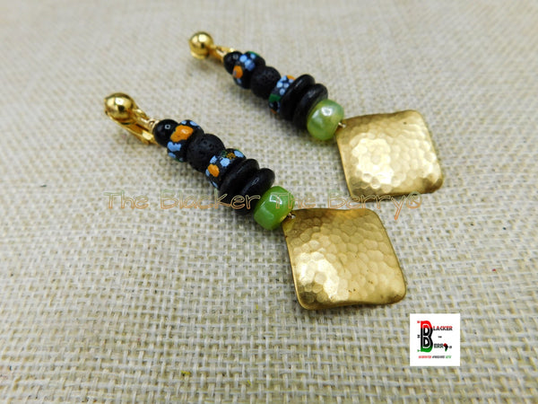African Clip On Earrings Brass Green Black Gold Orange Beaded Non Pierced Jewelry