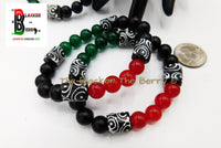 African Bracelets RBG Beaded Handmade Stretch Jewelry Red Black Green