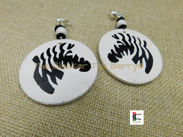 Zebra Clip On Earrings Wooden Hand Painted White Black Non Pierced Jewelry