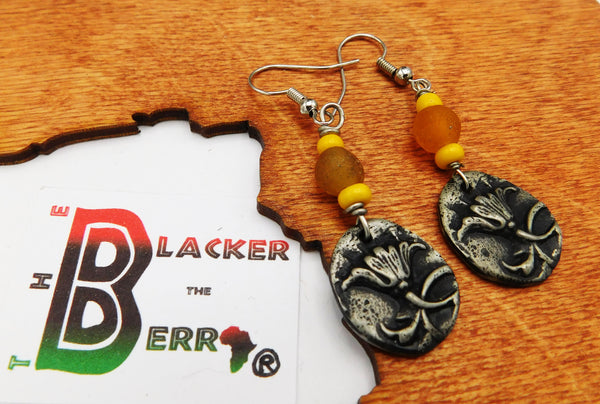 Yellow Flower Earrings Pewter Jewelry Dangle Women Gift Ideas Christmas