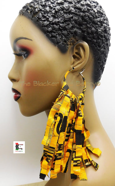 Yellow Ankara Earrings African Fringe Jewelry Black Gold Handmade Black Owned