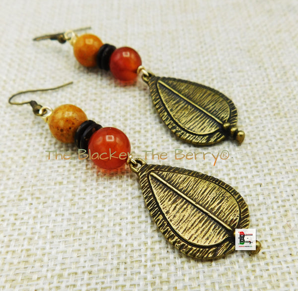 Ethnic Women Antique Gold Spear Earrings Orange Brass Handmade Jewelry Black Owned