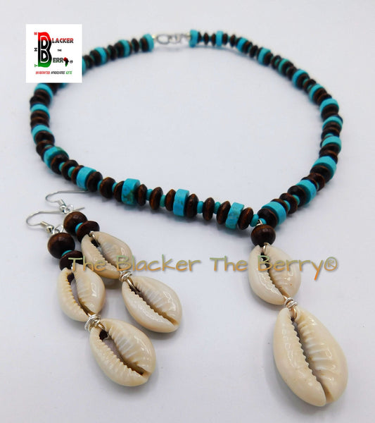 Cowrie Shell Necklace Turquoise Beaded Jewelry Set Necklace Earrings