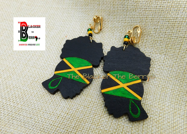 Jamaica Wooden Clip On Earrings Green Yellow Black Handmade Hand Painted Jewelry