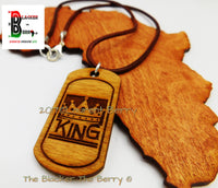 King Wooden Dog Tag Leather Necklace Jewelry Handmade