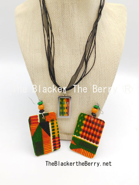 African Kente Jewelry Set Necklace Adjustable Earrings