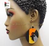 Ankh Earrings Ethnic Wooden Jewelry Hand Painted Orange Black Silver