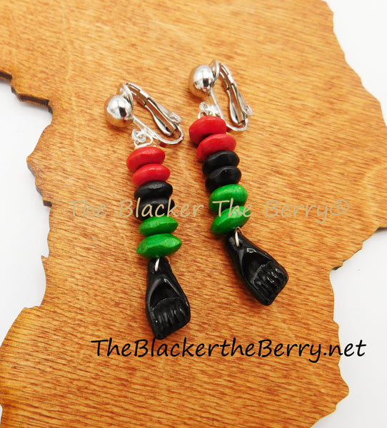 Black Power Fist Non Pierced RBG Earrings Pan African Beaded Jewelry Clip On