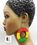 Rasta Earrings Wooden Jewelry Women Red Yellow Green Hand Painted Large Handmade