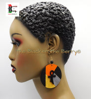 Ankh Earrings Ethnic Wooden Jewelry Hand Painted Orange Black Silver