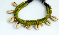Sankofa Anklet Green Beaded Ethnic Leather Cowrie Shell