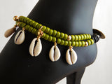 Sankofa Anklet Green Beaded Ethnic Leather Cowrie Shell