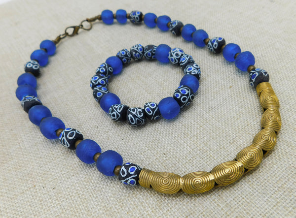African Blue Beaded Necklace Handmade Black Owned Jewelry Set Bracelet Unisex