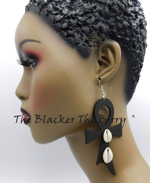 Ankh Earrings Large Black Cowrie Shell Handmade The Blacker The Berry ®