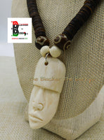 African Men Necklace Carved Face Jewelry Beaded Afrocentric Brown Ethnic OOAK