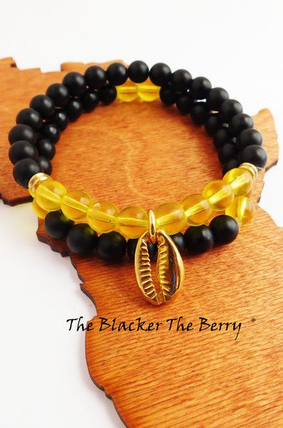 Cowrie Shell Bracelet Black Yellow Beaded Jewelry