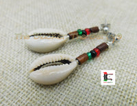 Cowrie Earrings Silver Post Dangle Jewelry RBG Pan African Beaded Women Long Ethnic Handmade