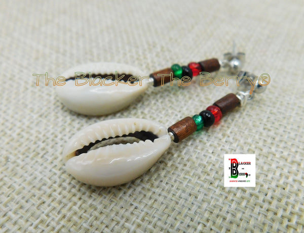 Cowrie Earrings Silver Post Dangle Jewelry RBG Pan African Beaded Women Long Ethnic Handmade