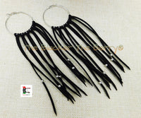 Black Leather Earrings Silver Women Jewelry Long Gift Ideas