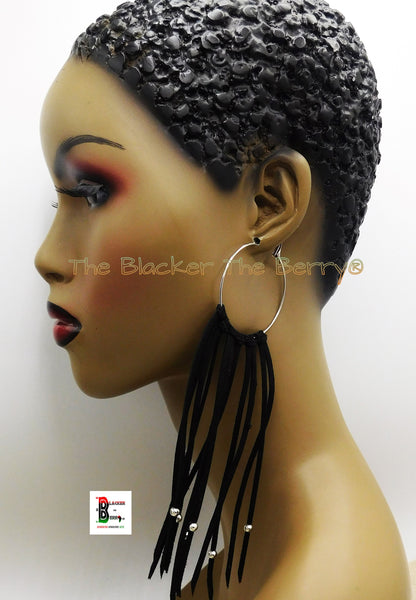 Black Leather Earrings Silver Women Jewelry Long Gift Ideas