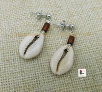 Cowrie Earrings Silver Post Dangle Jewelry Wood Beaded Women Small Ethnic Handmade